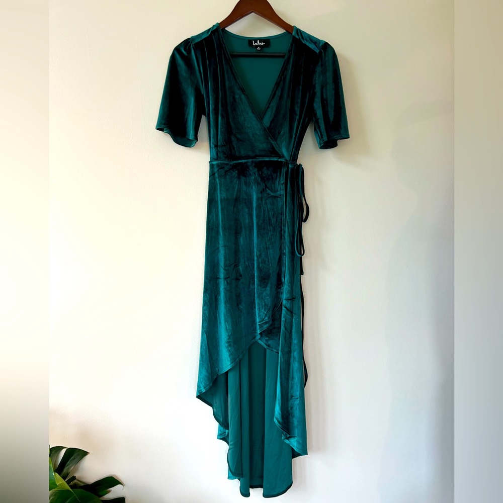 Lulu's green velvet high-low wrap dress